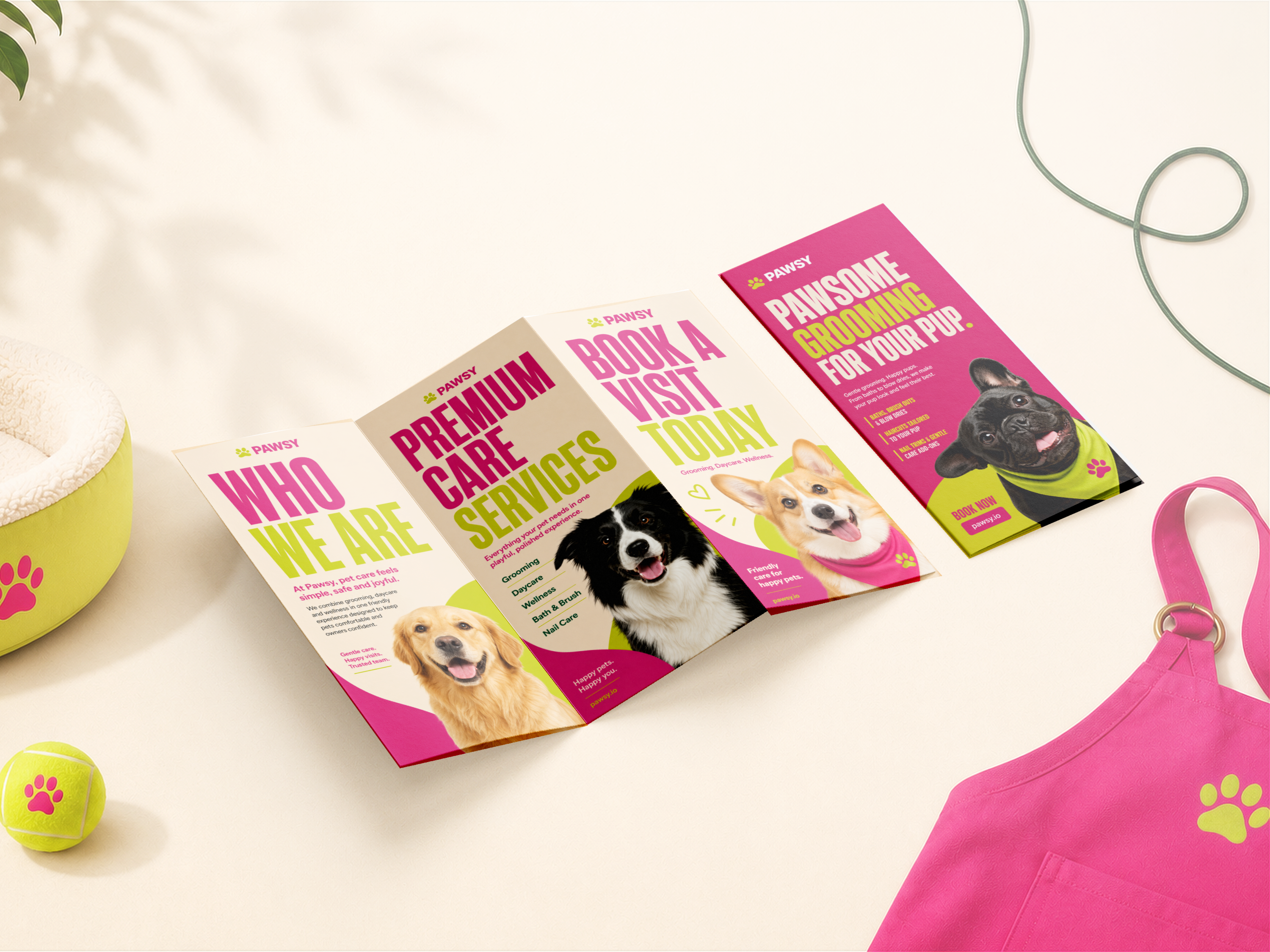 Pawsy trifold brochure and grooming flyer